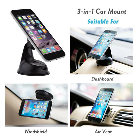 Encust Universal 3 in 1 Dashboard/Windshield/Air Vent Magnetic Car Mount Phone Holder for iPhone 7 SE 6/Plus 5s/ 5c/5, Samsung Galaxy Edge S7 S6, HTC