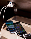 High Performance Car Charger Adapter in White & Black with Multi-Charge Capabilities.