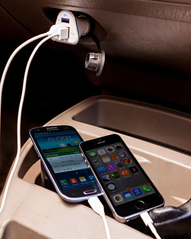 High Performance Car Charger Adapter in White & Black with Multi-Charge Capabilities.